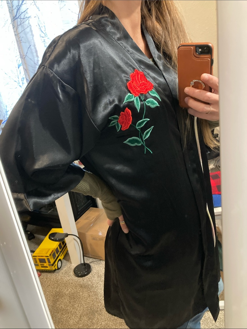 Vintage Women’s Inner Most Black Satin Rose-Embroidered
